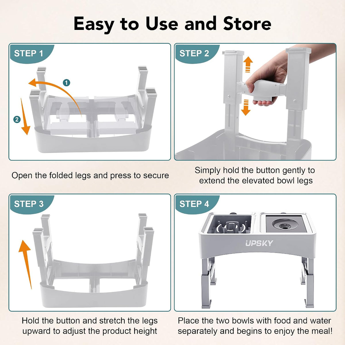 UPSKY 3-in-1 Elevated Dog Bowls Set with 4 Height Adjustable Stand, White