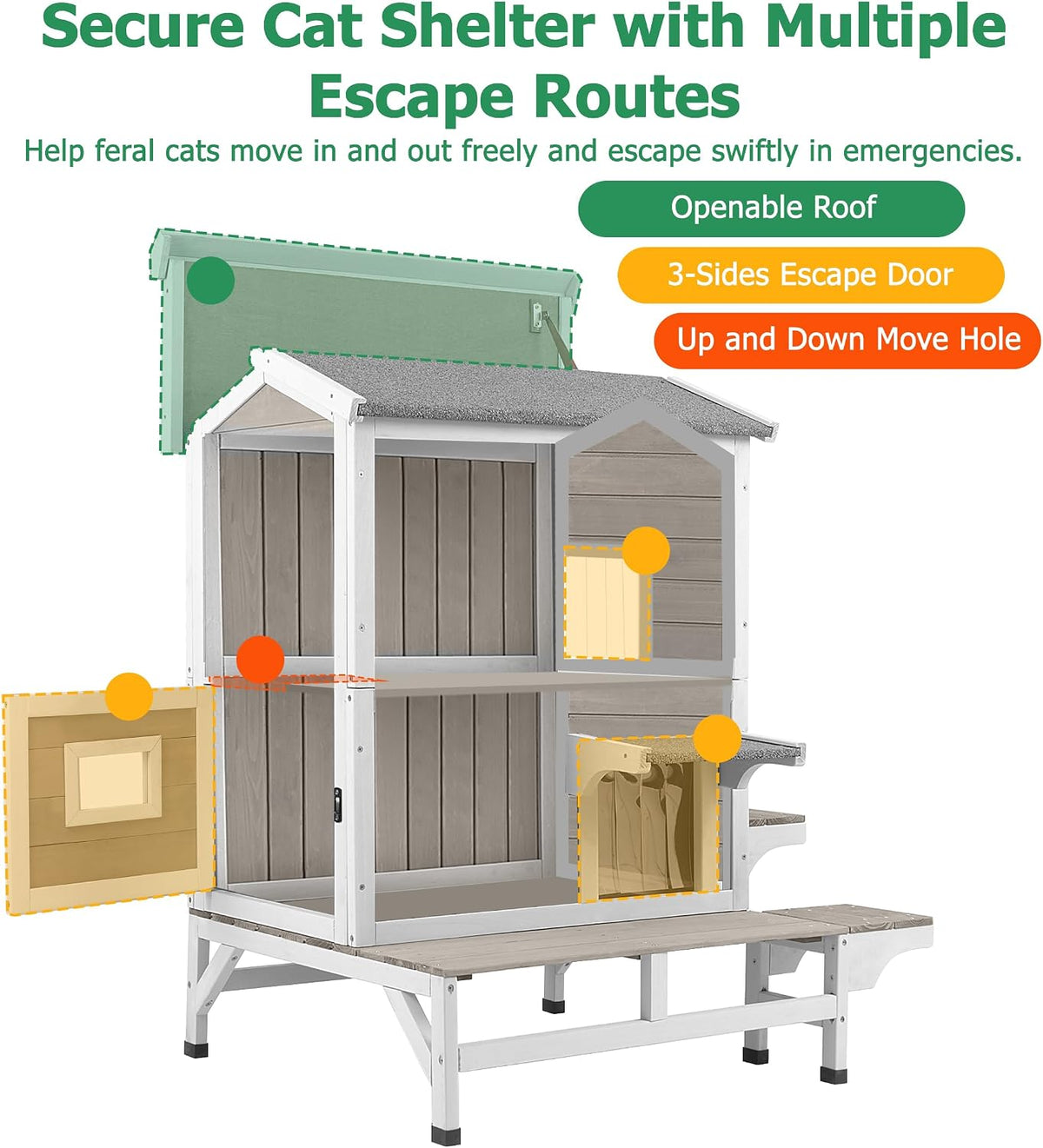 GoWoodHut Outdoor Cat House Weatherproof Cats Shelter for Feral Kitten Pet Houses for 1-2 Small Animlas 2 Story Wooden Houses for Indoor Outdoor Cats with Escape Doors (25.5" D x 33.5" W x 39.5" H)
