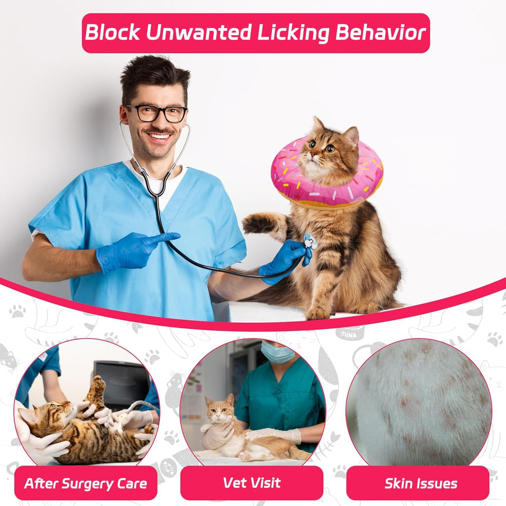 Seyezo Cat Cone Collar Soft, Adjustable Cat Recovery Collars Spay Cones to Stop Licking, Cute Donut E Collar After Surgery, Anti-Lick Recovery Elizabethan Collar for Kittens (Donut Pink, Small)