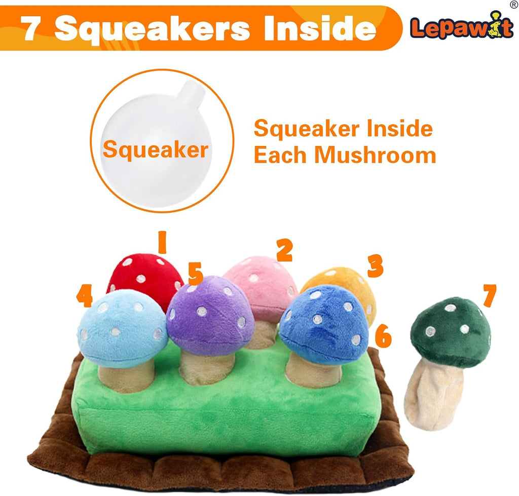 Hide and Seek Dog Toys, Squeaky Interactive Puzzle Dog Toys for Boredom and Stimulation, Dog Enrichment Toys for Small and Medium Dogs (Mushrooms, Pack of 7)