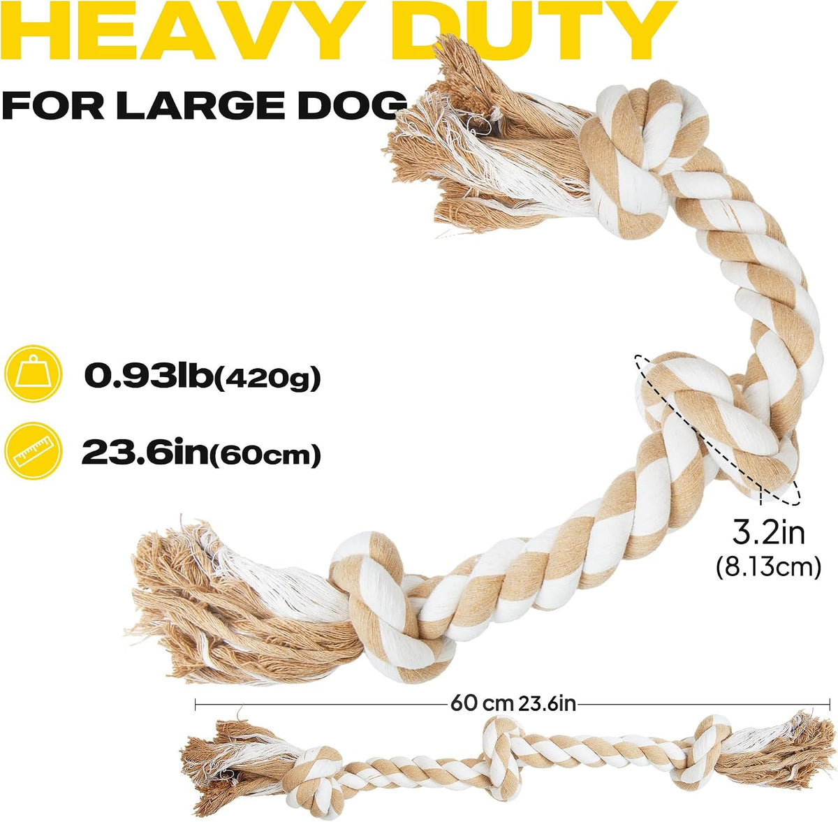 Fida Dog Rope Toys for Medium Large Dogs, Chew Toys for Aggressive Chewers | Natural Cotton, Heavy Duty Pull Rope for Tug of War and Interactive Play, Tough 3 Knots, Teeth Cleaning