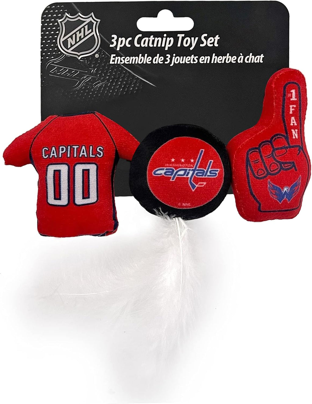NHL WASHINGTON CAPITALS Plush Cat Toys Set - 3 Piece, Filled with Fresh Catnip. Includes: Jersey, Hockey Puck with Feathers & #1 Fan. Team Logo