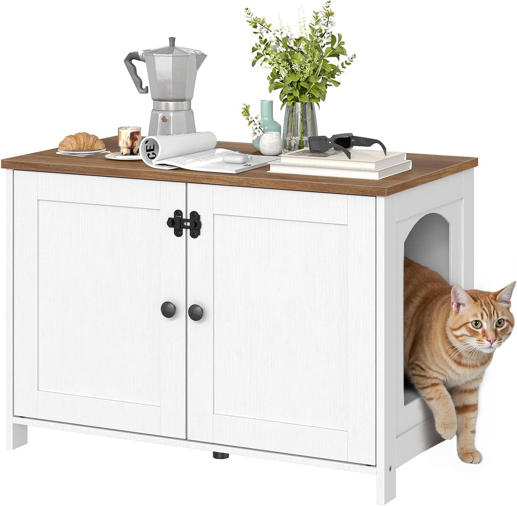 HOOBRO Litter Box Enclosure, Cat Litter Box Furniture with Removable Divider, Hidden Litter Box Furniture, Wooden Cat House, End Side Table, 31" L x 17.5" W x 19.7" H, White and Walnut WH03MW01G2