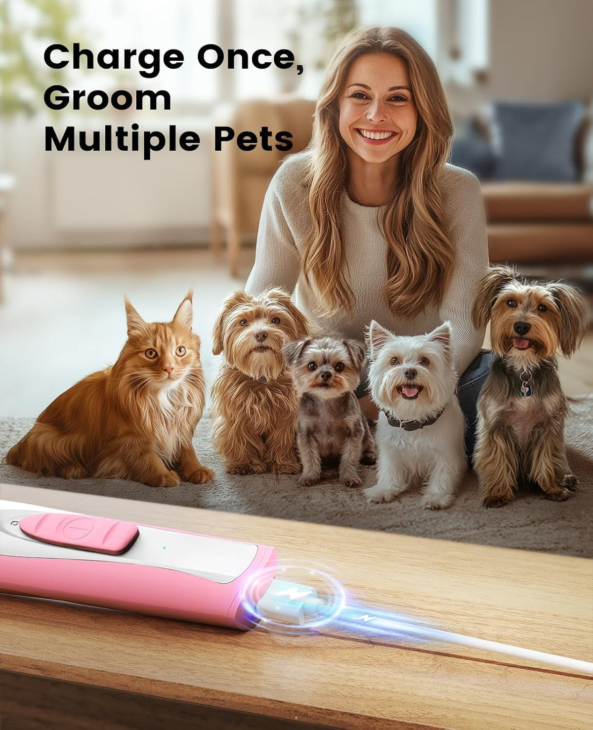 oneisall Low-Noise Dog Paw Trimmer with LED Light (Pink)