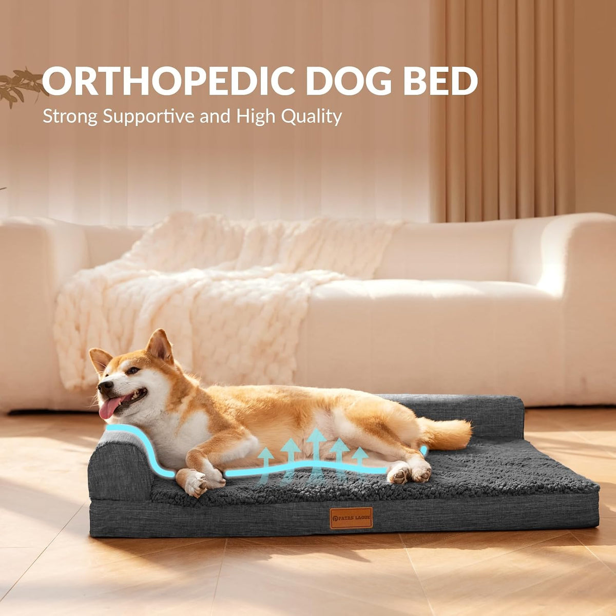 Patas Lague Orthopedic Large Dog Bed Washable Pet Sofa Bed 36X24 Dark Grey