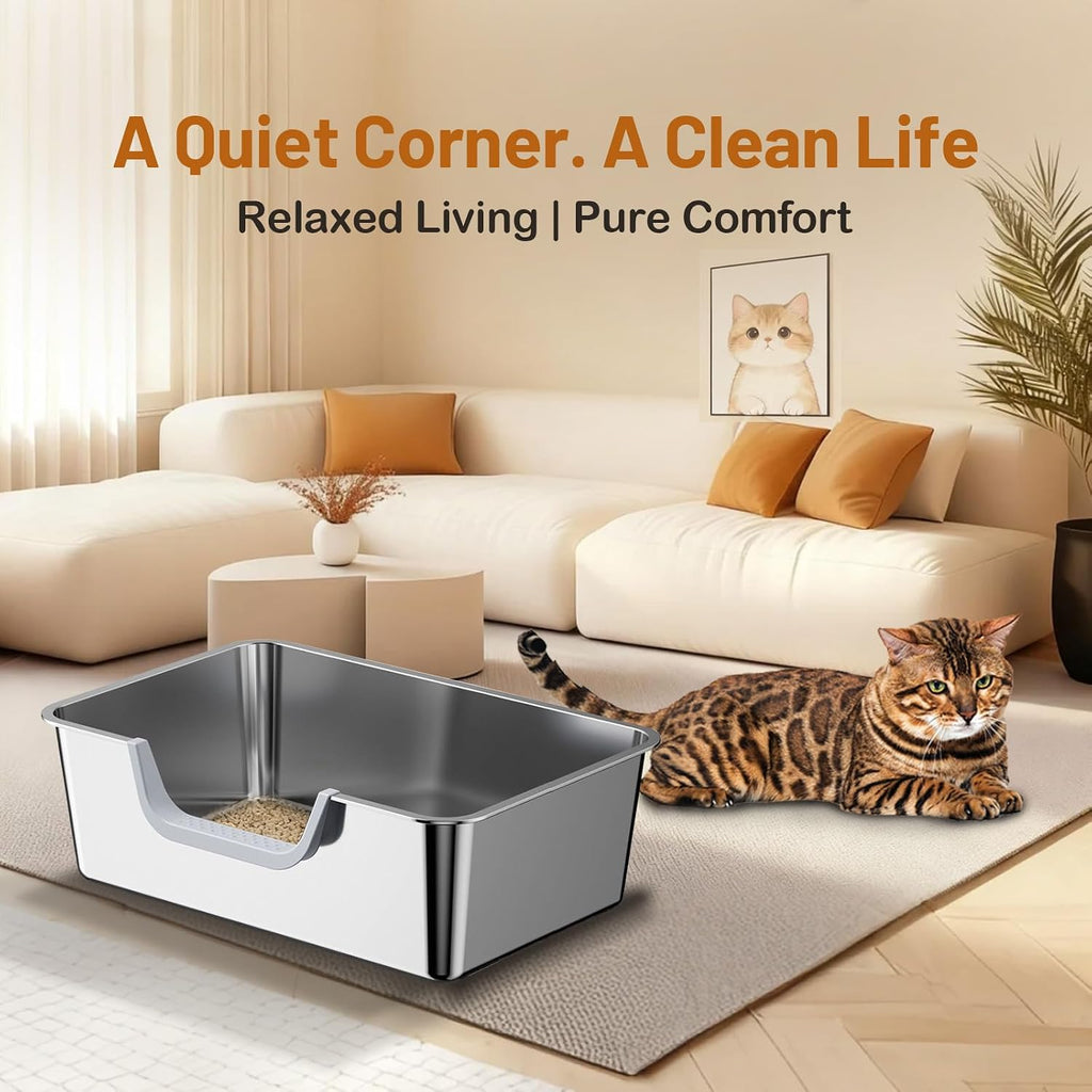 Stainless Steel Cat Litter Box, Steel Litter Pan with Curved Low Entry, Leak Proof 6 Inch High Side for Urine, Easy Entry for Kittens Older Cats, No Slip, 17.7" x 13.8" x 6", Silver