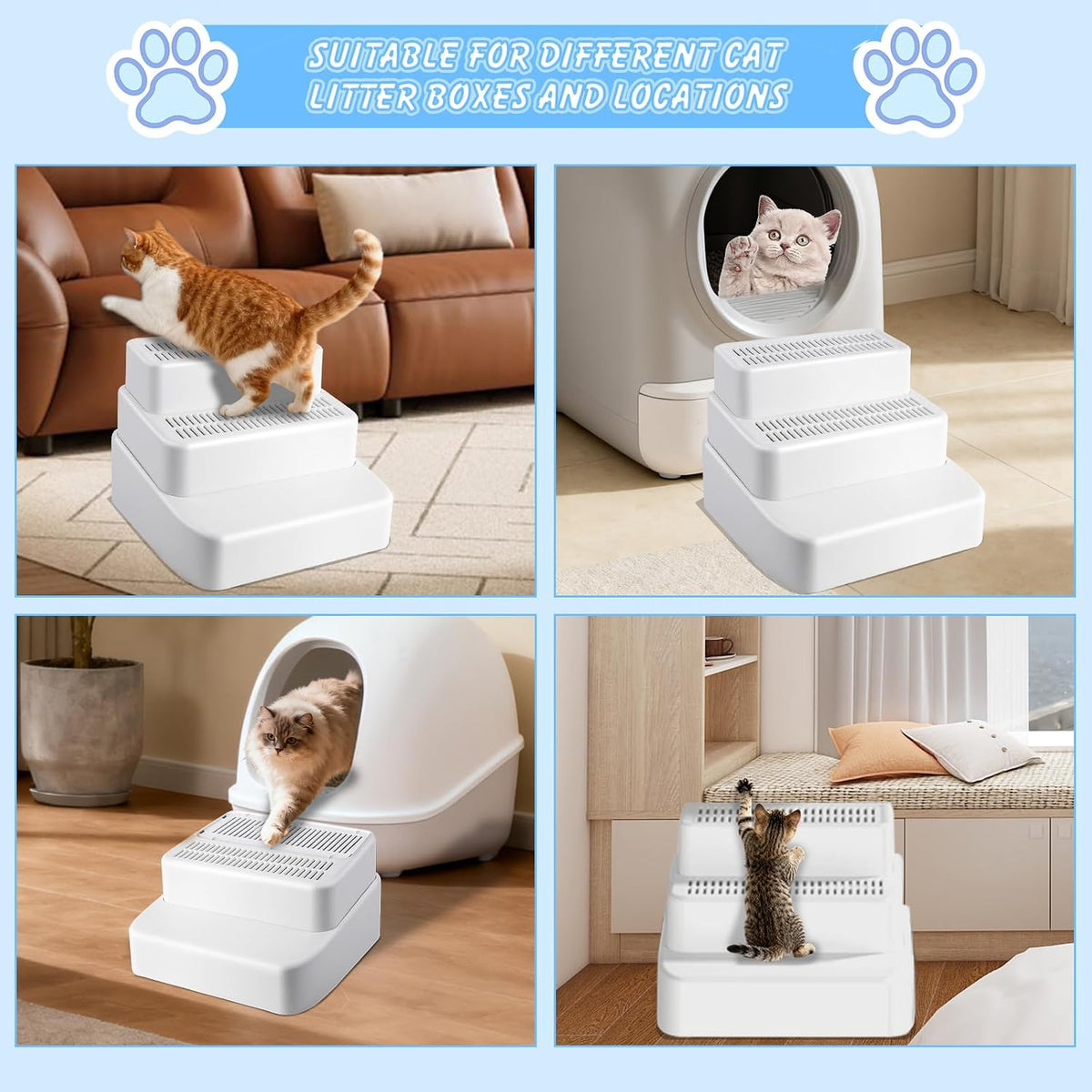 3 Step Litter Box Ramp Adjustable Detachable Litter Box Step, White