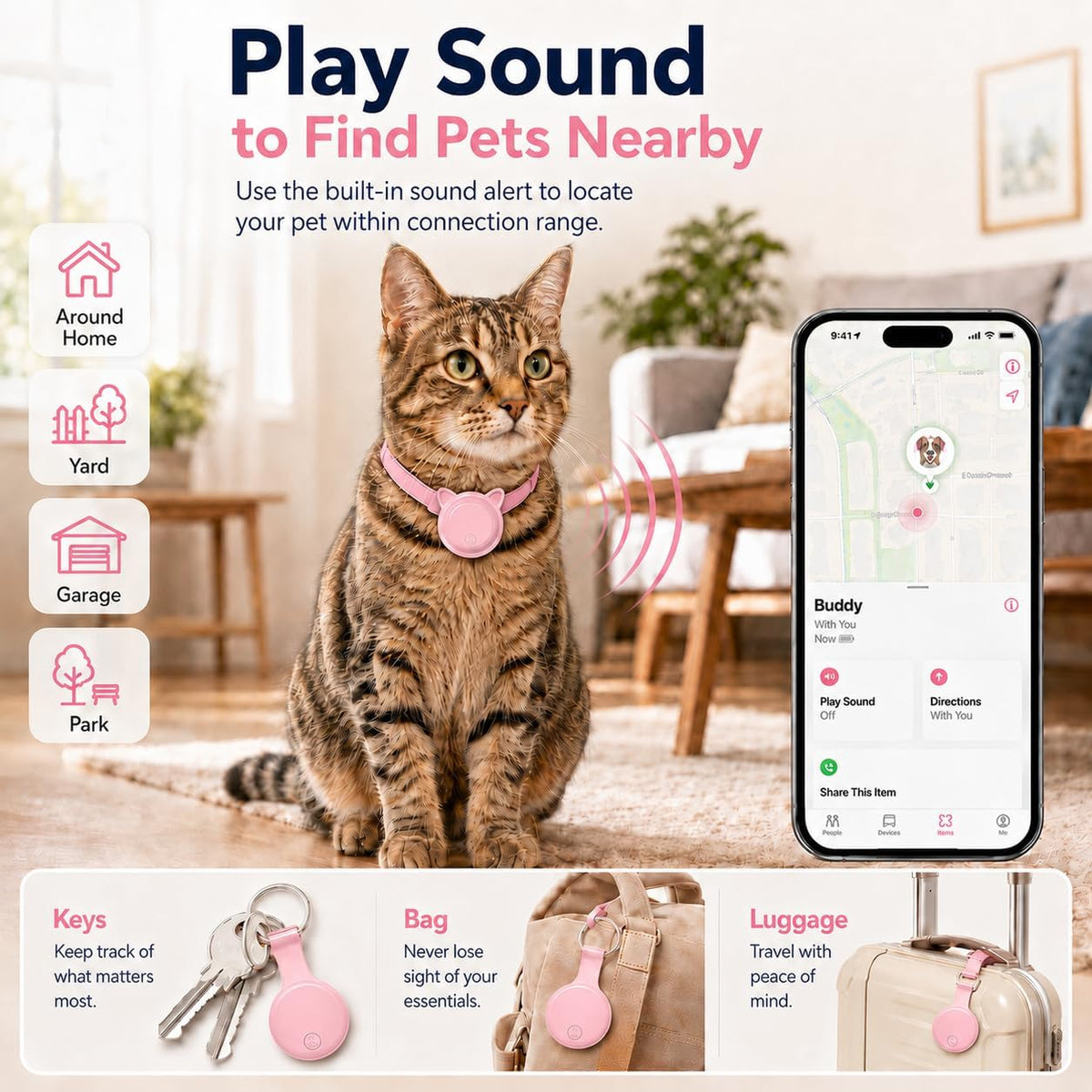 GPS Tracker for Dogs, Pet Location Tracker for Dogs & Cats, iOS Only(Pink)