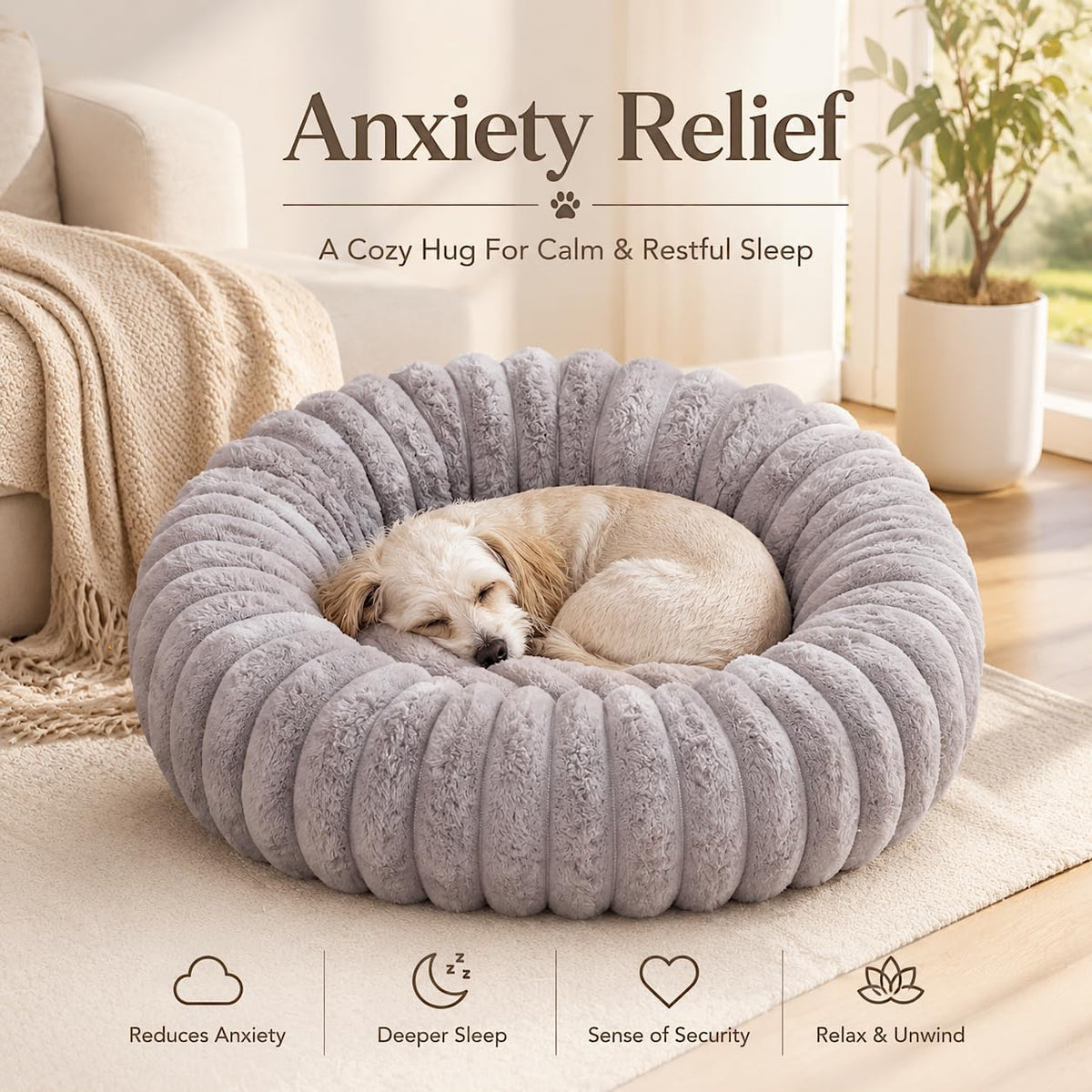 Calming Dog Bed Medium Size Dog Donut Washable Pet Bed, 31.5” Grey