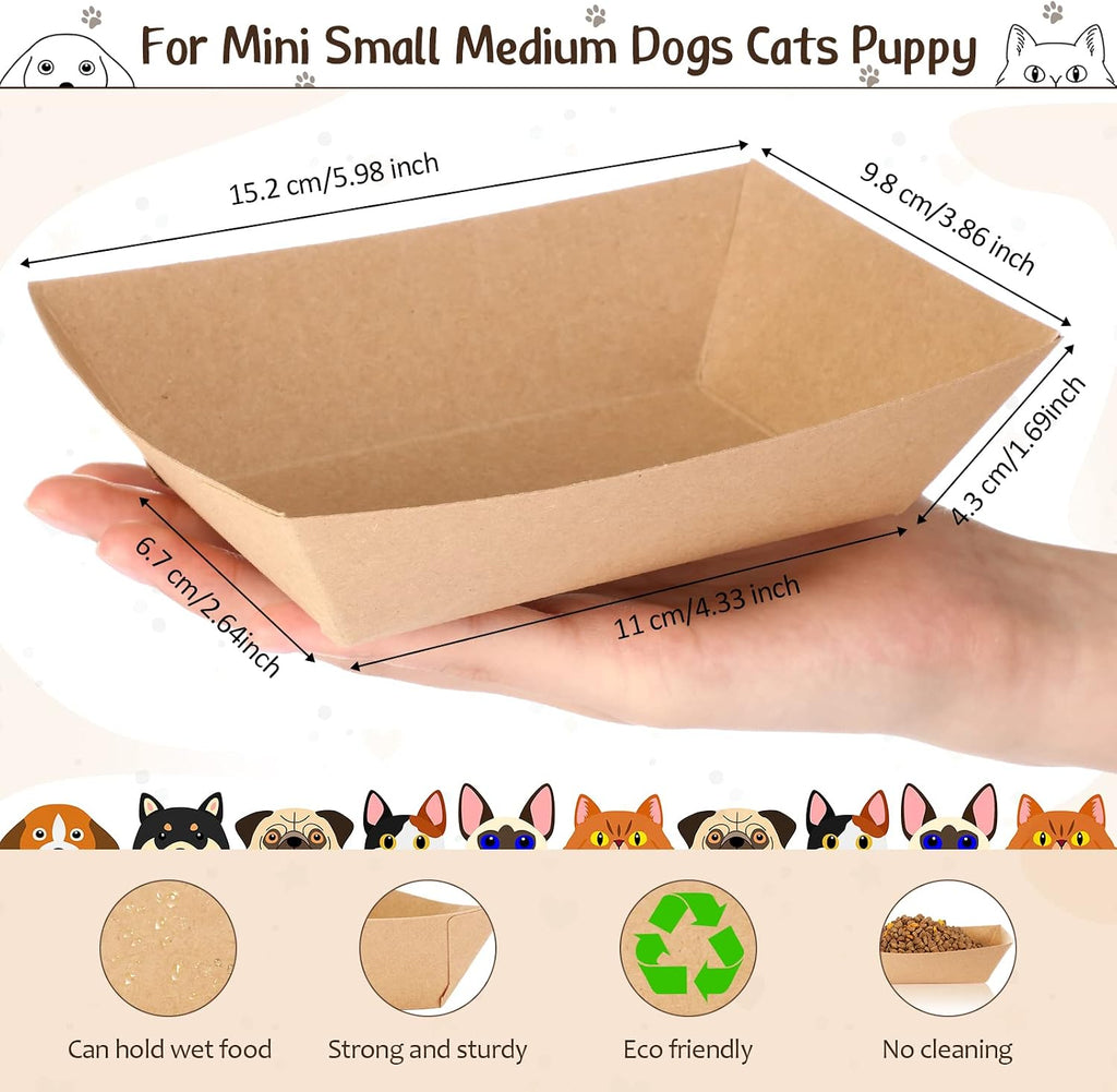 50 Pack Disposable Paper Dog Bowls, 16 oz for Dogs and Cats | Low-sided 16 oz Kraft Paper Trays for Wet or Dry Food, Suitable for Small Dogs, Puppies and Cats at Home, Travel or Camping