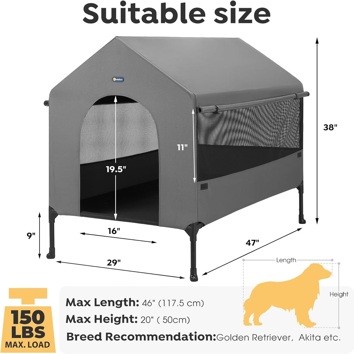 Veehoo 47" Dog House, 2-in-1 X-Large Dog House Outdoor Indoor Weatherproof