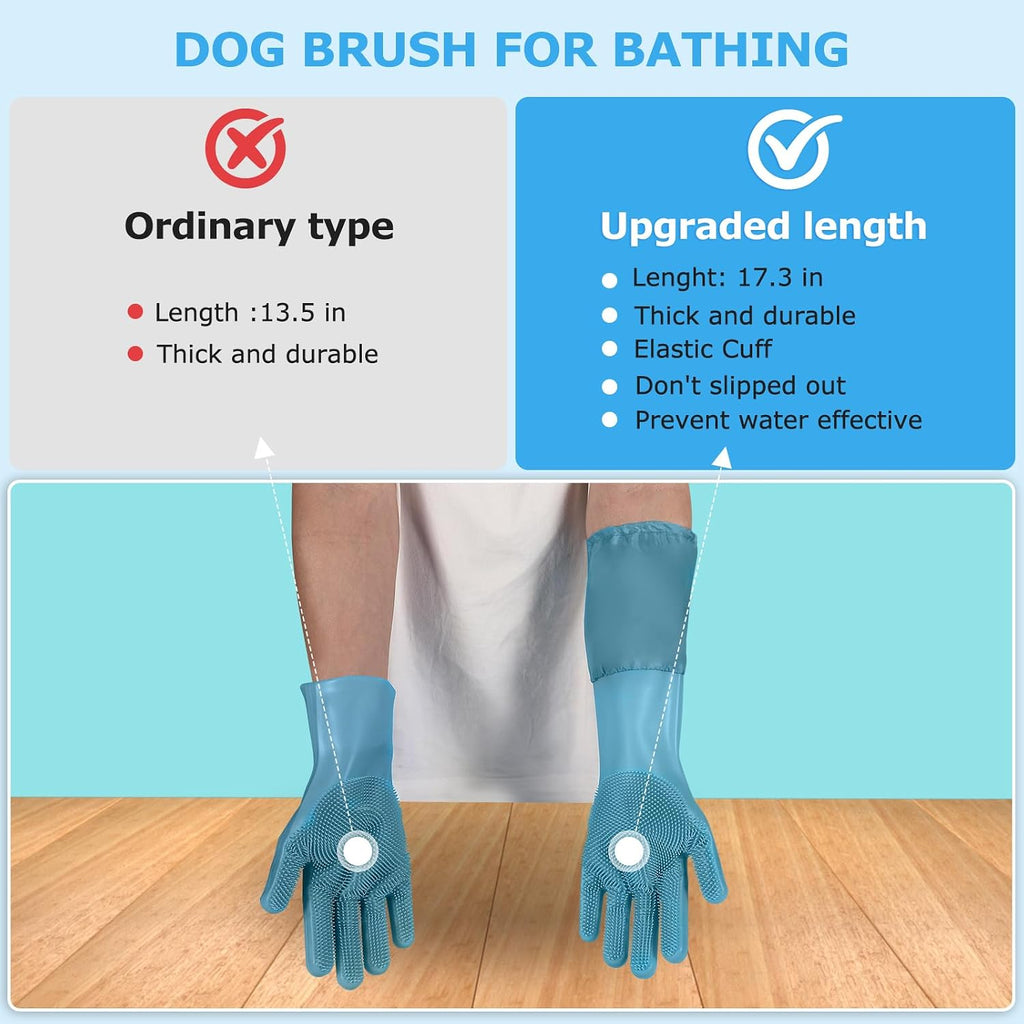 Dog washing gloves | Pet grooming gloves | Extra Long Arms 17.3in,hazy blue
