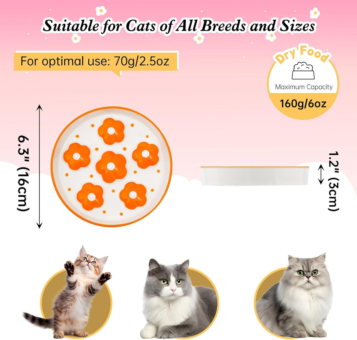 Ceramic Slow Feeder Cat Bowl, 6.3" Whisker Friendly Anti-Vomit, Orange