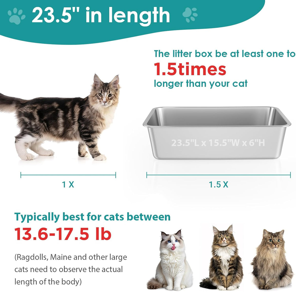 Stainless Steel Cat Litter Box, Large Metal Litter Box 23.5" Lx15.5 Wx6 H