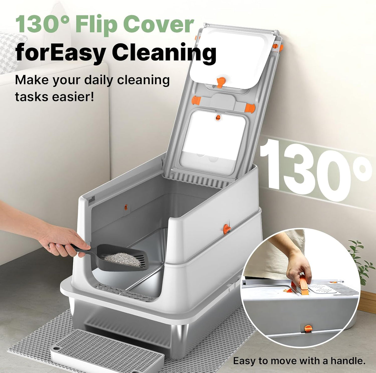 Stainless Steel Litter Box with Flip Lid, XL Extra Large Cat Litter Box with High Sided Top Entry Design, Anti-Leakage Enclosed Metal Litterbox for Big Cats, with Handle, Mat, Pedal & Scoop Grey