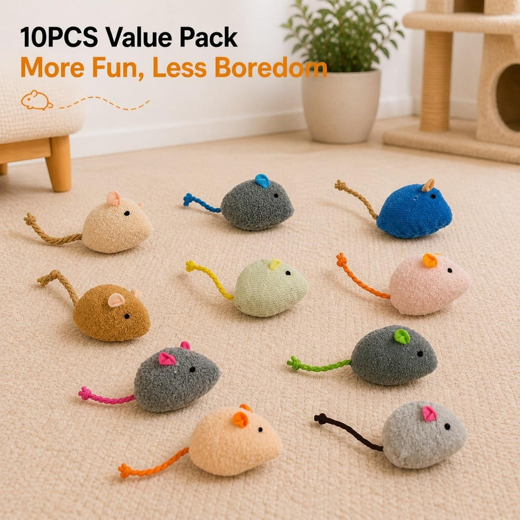 Cat Toys Mouse Set, 10 Pack Plush Mice with Rope Tails, Soft Interactive Cat Toy for Indoor Cats, Kittens, Chase, Batting & Hunting Play