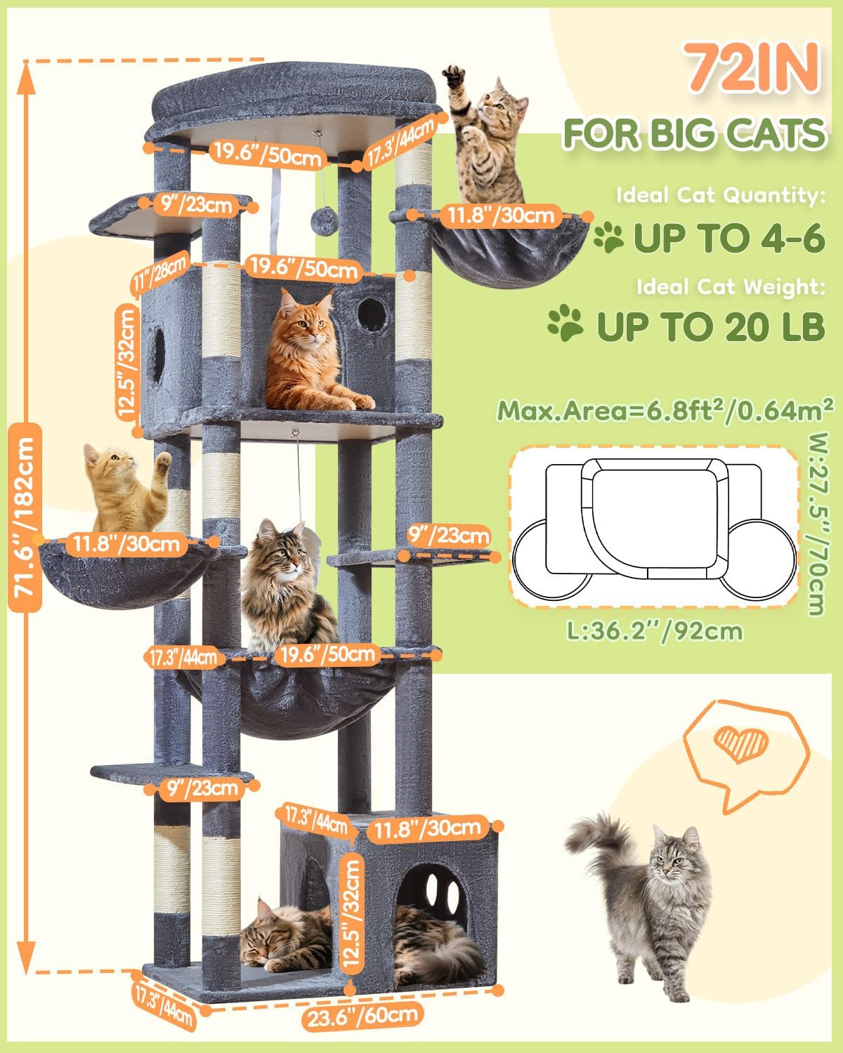Taoqimiao 72 in Cat Tree, XXL Cat Tower for Indoor Cats Large Adult 25Lbs+