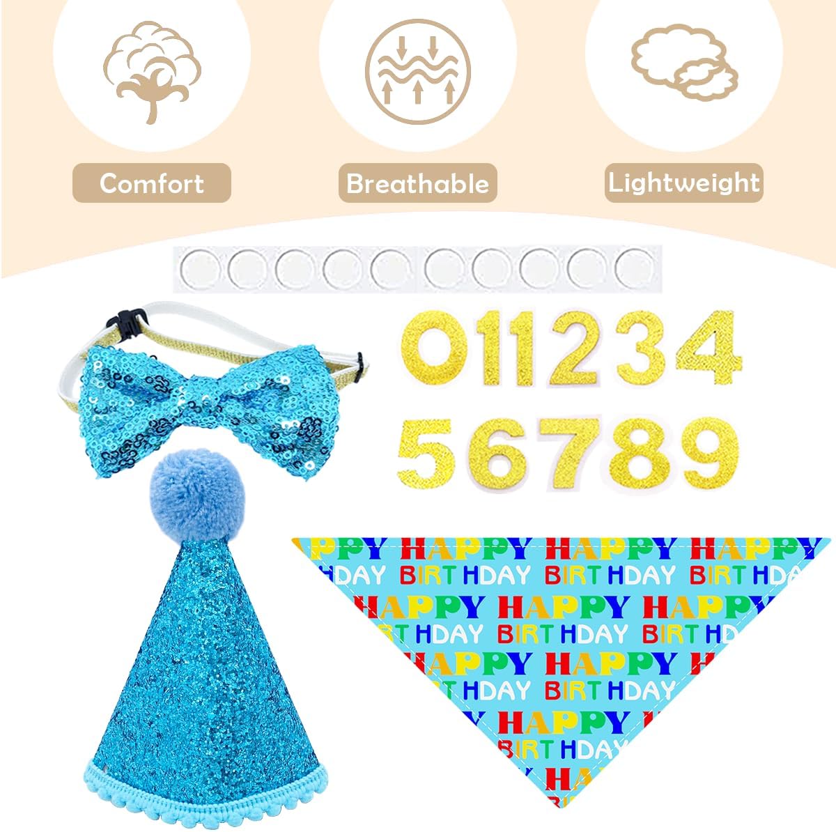 PET SHOW 3Pcs Blue Small Dog Birthday Bandana Set for Boys Female with Puppy Cone Hat and Sequin Bowtie Cat Party Supplies for Dogs Cats Puppies