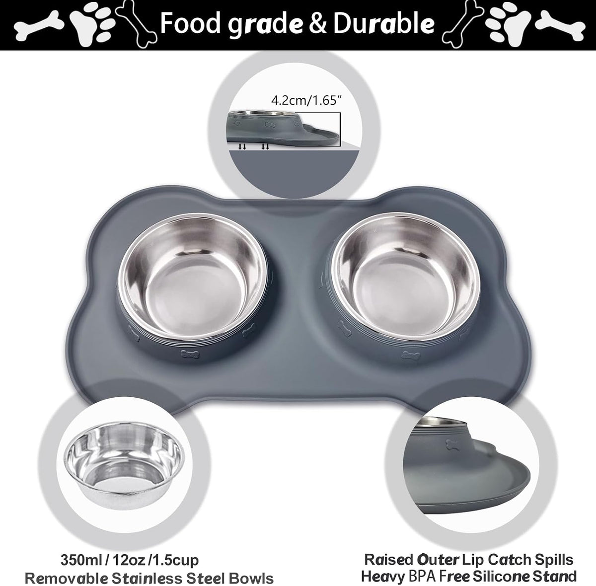 AsFrost Dog Food Bowls Stainless Steel Dog Food and Water Bowl Set, Dog Dishes No Spill Non Slip Silicone Mat, Dog Bowls for Small Medium Size Dogs Cat Puppy Pet Food Feeding Bowls, Grey, 12oz 