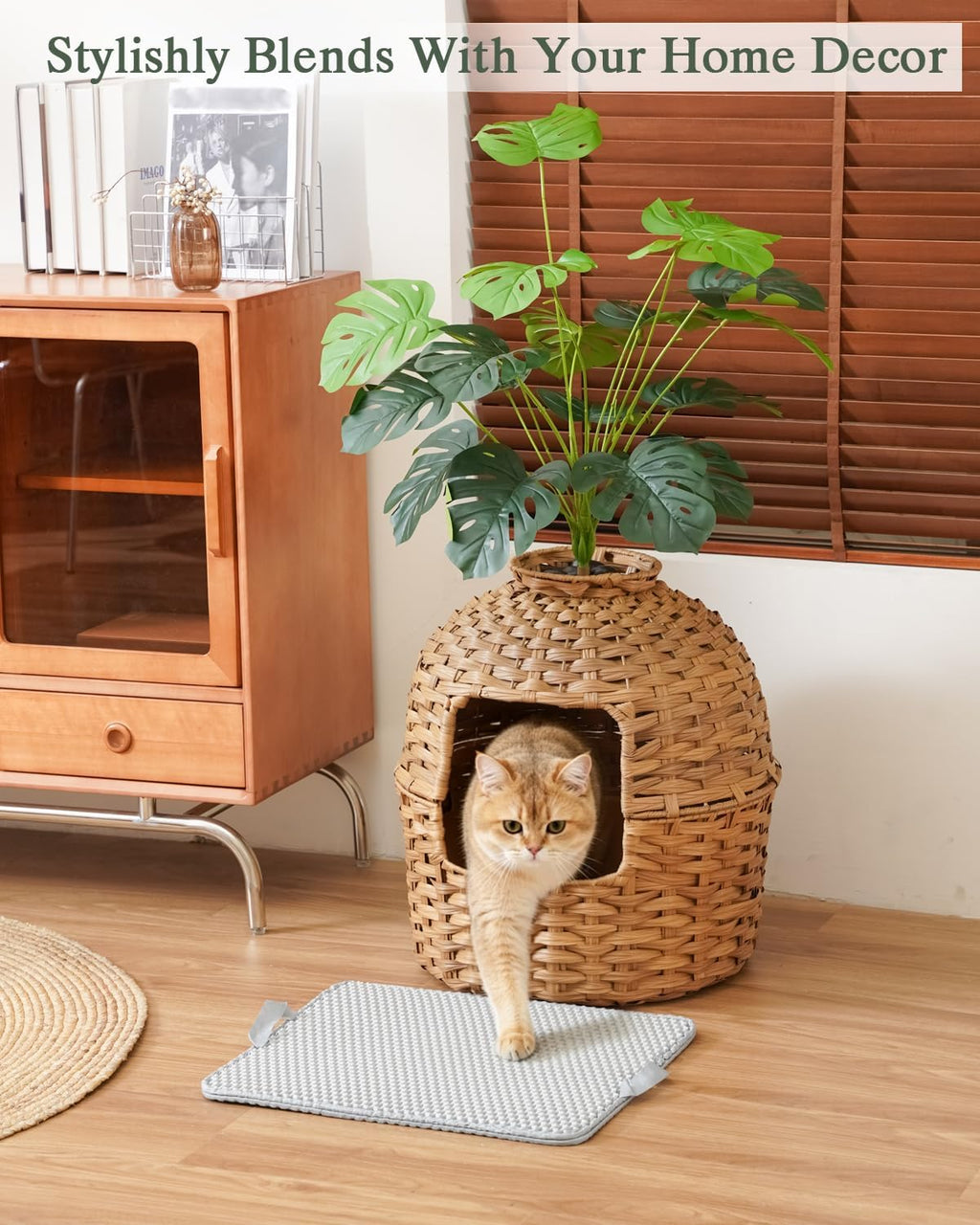 SETVSON Cat Litter Box Enclosure Plant, PE Rattan Kitty House, Natural