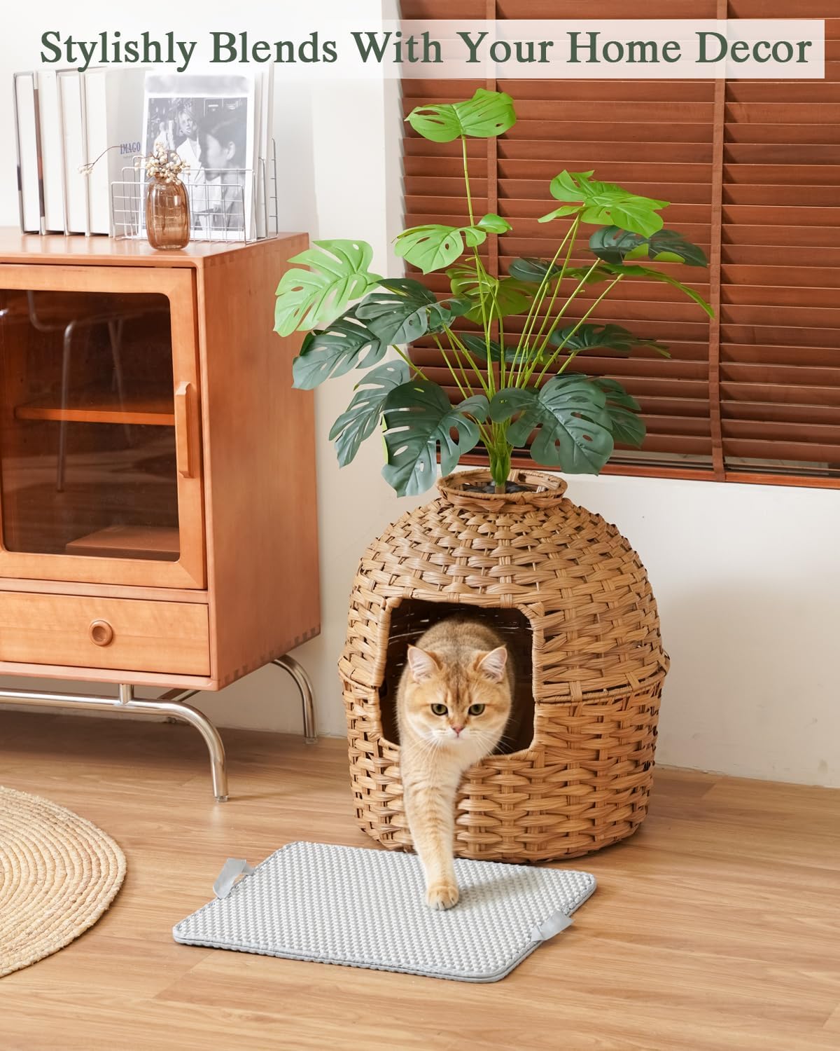 SETVSON Cat Litter Box Enclosure Plant, PE Rattan Kitty House, Natural
