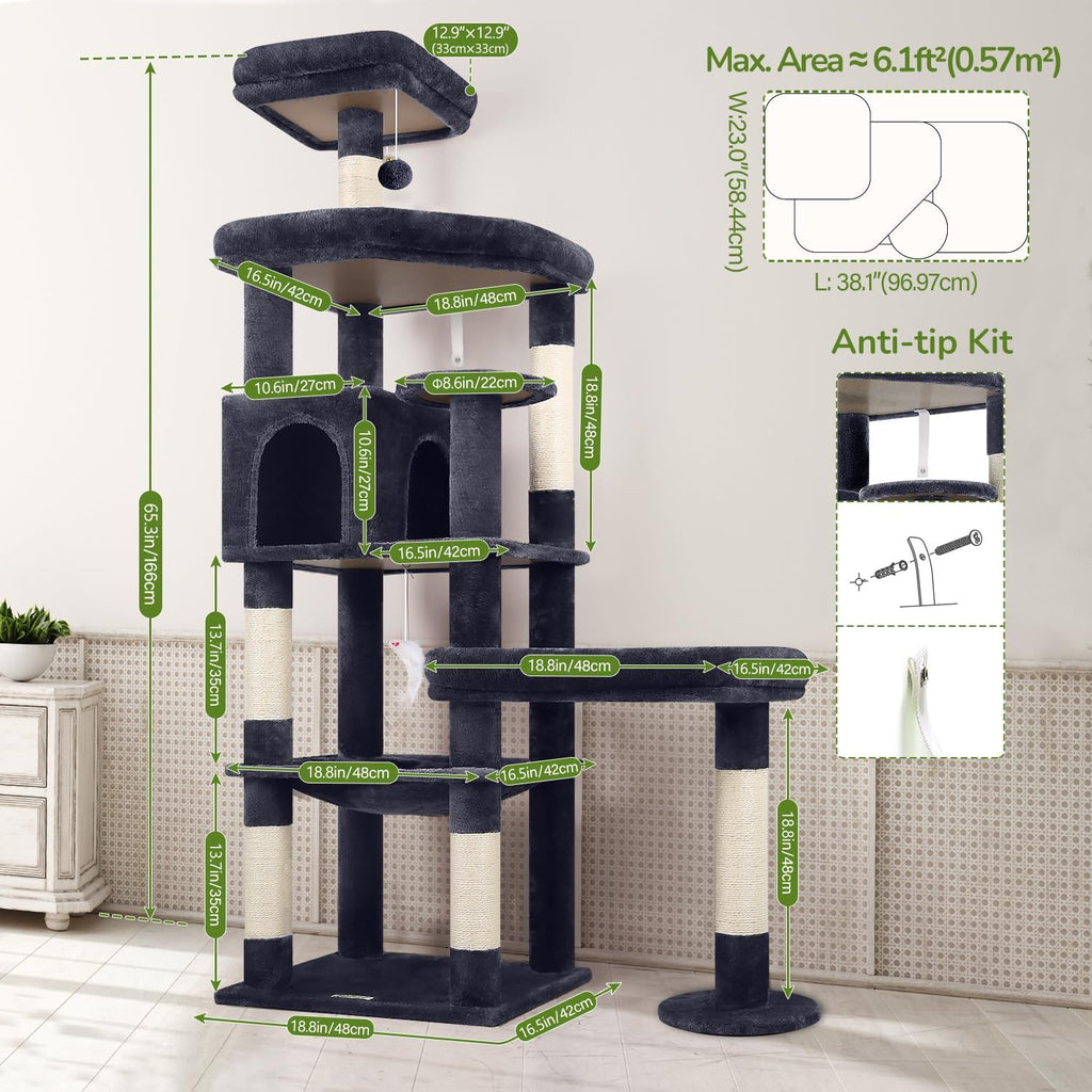 Globlazer 65in Sturdy Cat Tree Tower for Indoor Large Cats, S65, Dark Grey