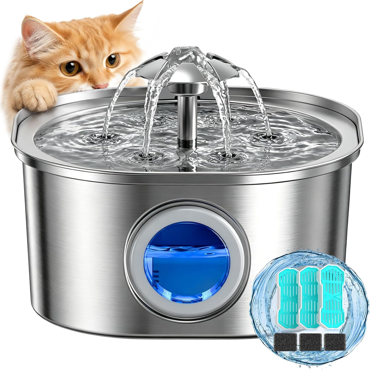 PEKTACO Cat Water Fountain, 3.2L Stainless Steel Pet Fountain, 3 Filters