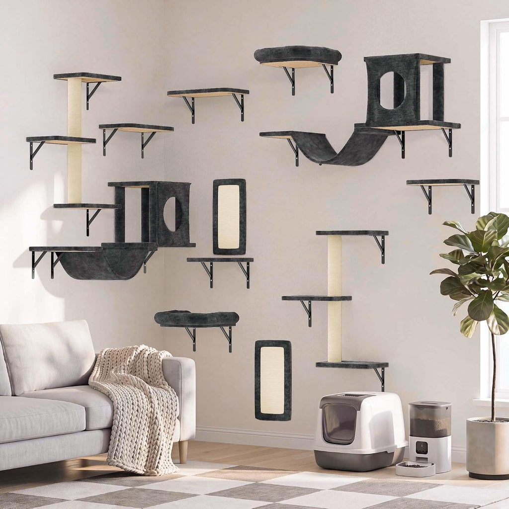 12-in-1 Cat Wall Shelves, Luxury Wall-Mounted Cat Shelves, Dark Gray