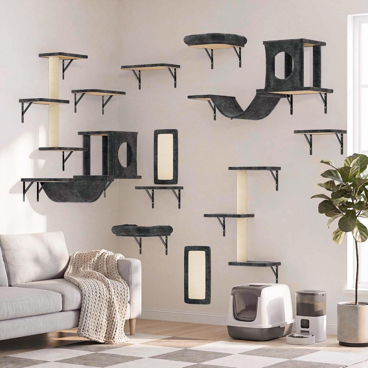 12-in-1 Cat Wall Shelves, Luxury Wall-Mounted Cat Shelves, Dark Gray