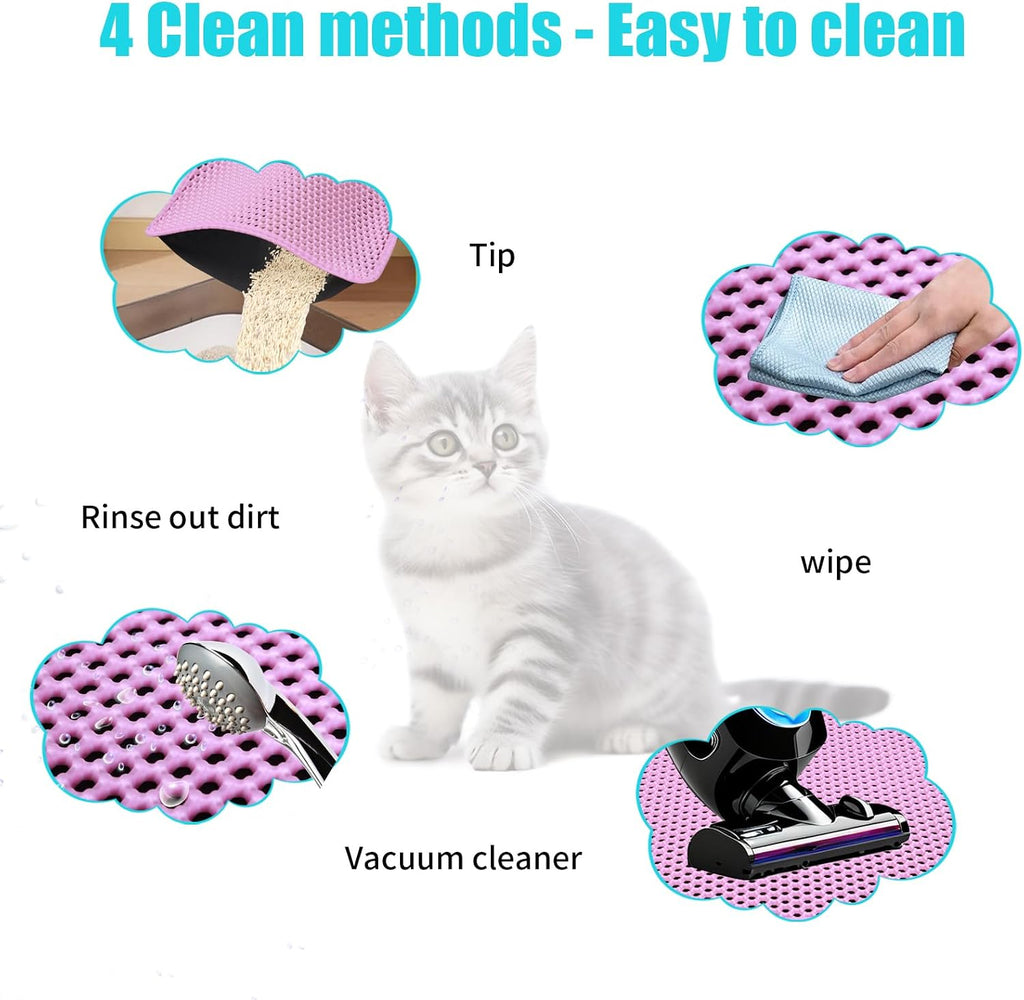 Cat Litter Mat 26"x46.5", Double Layer Waterproof Litterbox Mat, Pink | Non-slip backing, washable for easy cleanup, traps stray litter with waterproof honeycomb large grid that is urine-proof.