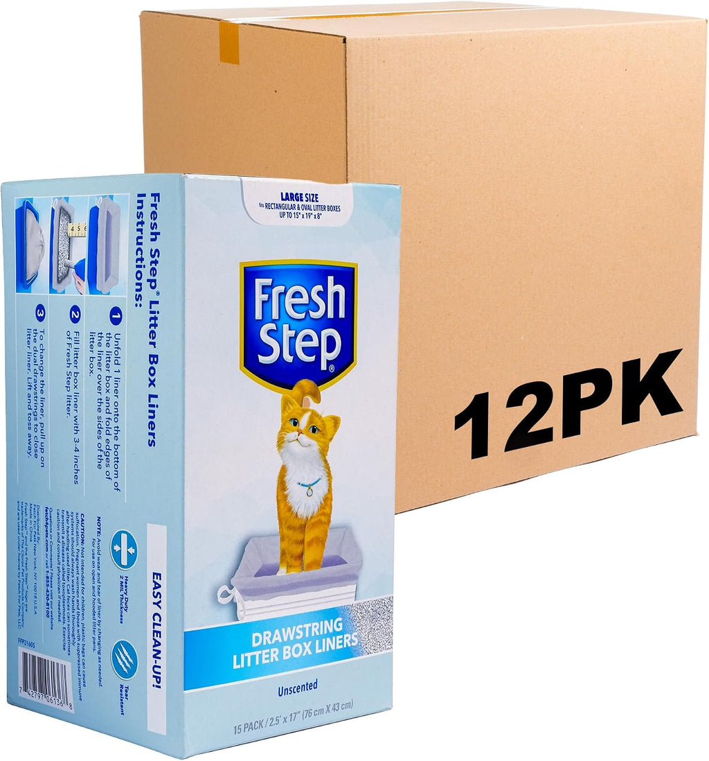 Fresh Step Drawstring Cat Litter Liners, 2.5 ft x 17 in, 15 Ct, 12-Pack | Heavy-duty bags, unscented, drawstring closure, large oval or rectangle pans