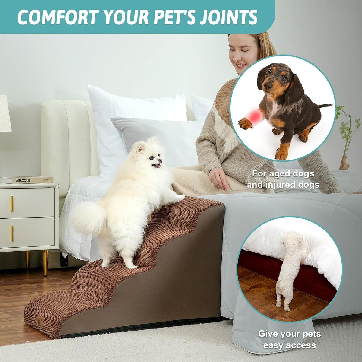 COZY KISS Dog Stairs for Small Dog 19.7" H, 4 Step Pet Ramp for Bed