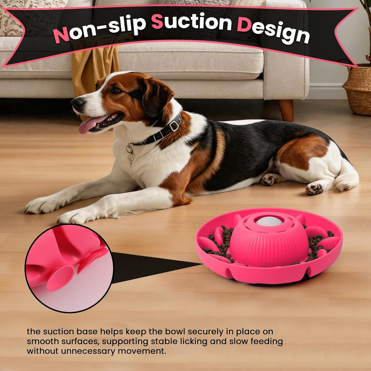 PUPPYGANG 2-in-1 Slow Feeder Dog Bowl & Dog Lick Bowl for Medium Large Dogs, Silicone Puzzle Feeder with Removable Lick Ball, Suction Base Bowl for Kibble, Wet Food, Yogurt & Peanut Butter (Red)