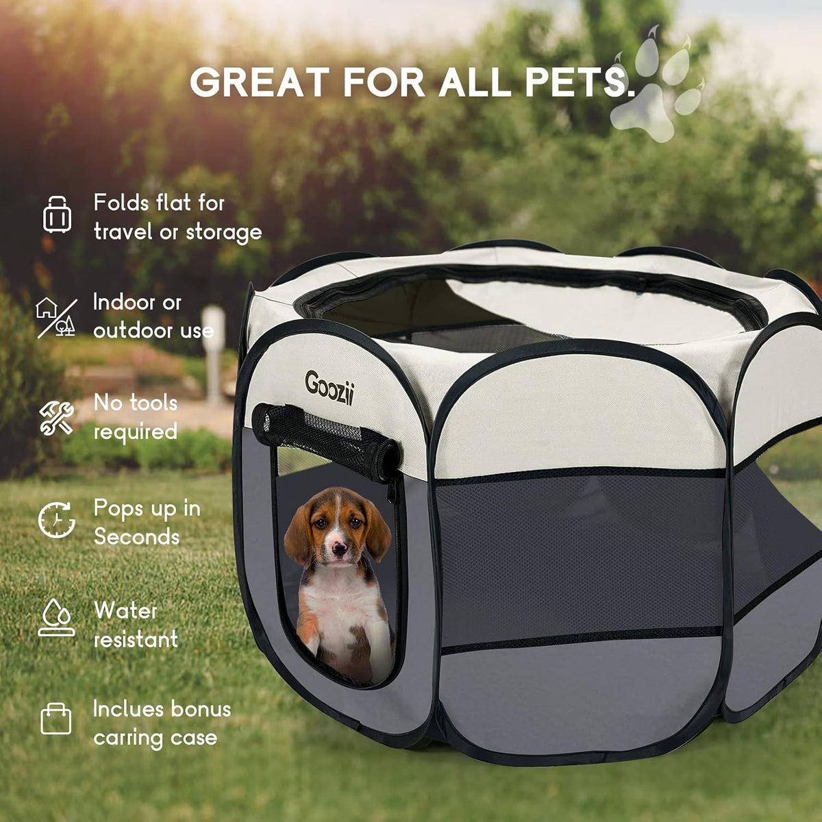 Goozii Pet Cat Playpen for Indoor Cats Enclosed, Puppy Dog Play Pen for Outdoor Travel Camping (Small Size, Beige & Dark Grey)