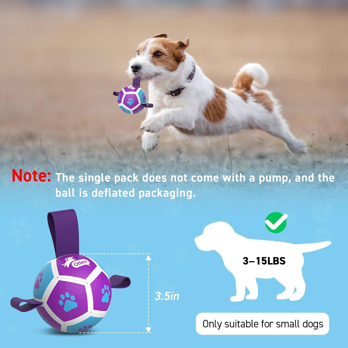 QDAN Small Dog Toys, Puppy Balls, Dog Balls with Straps for Small Breed | 3.5 Inch Small Soccer Ball for Dogs, Puppy Toys for 3-15 lbs Dogs, Dog Birthday Gift, Herding Ball for Small Dogs, Purple