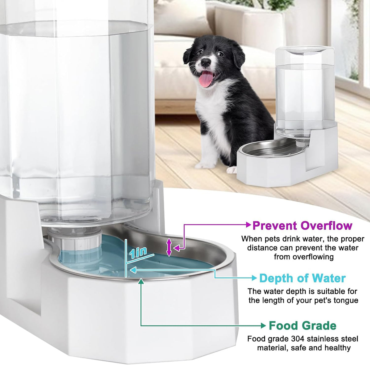 Sfozstra Dog Water Bowl Dispenser: 7L White Gravity Stainless Steel Bowl