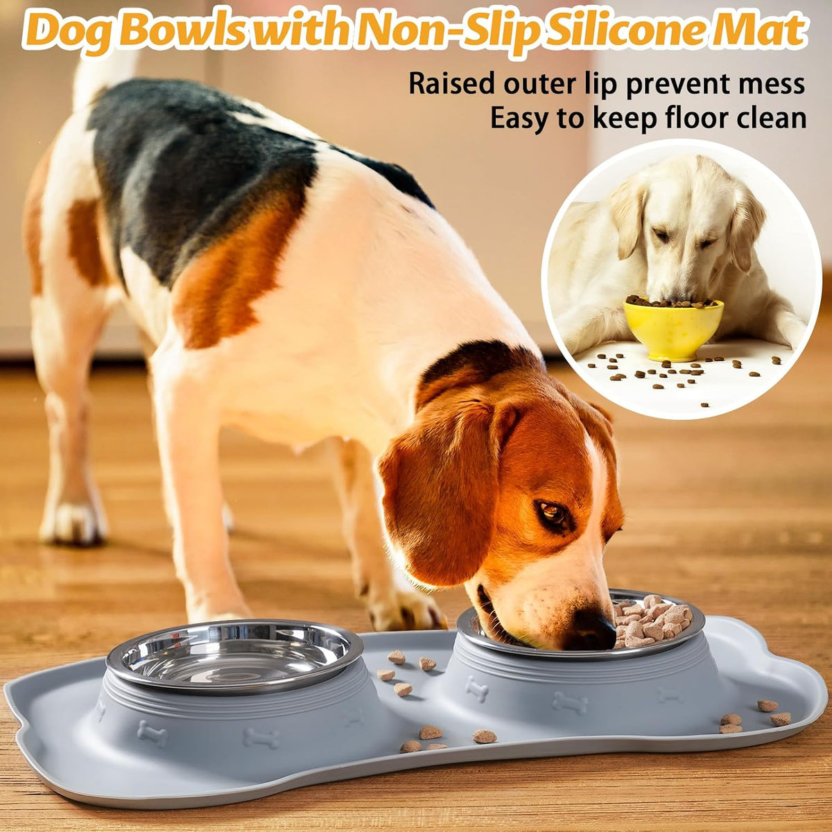 Hubulk Pet Dog Bowls 2 Stainless Steel Dog Bowl with No Spill Non-Skid Silicone Mat + Pet Food Scoop Water and Food Feeder Bowls for Feeding Small Medium Large Dogs Cats Puppies (Medium, Gray) 
