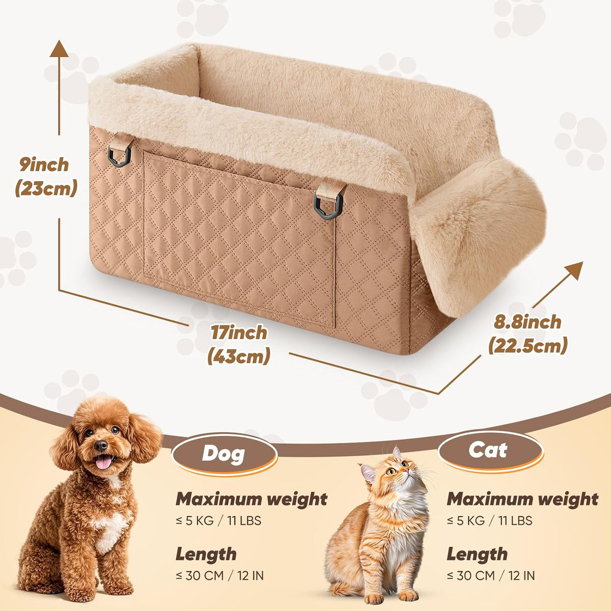 QUMY Middle Center Console Dog Car Seats for Small Dogs Up to 11lbs, Khaki
