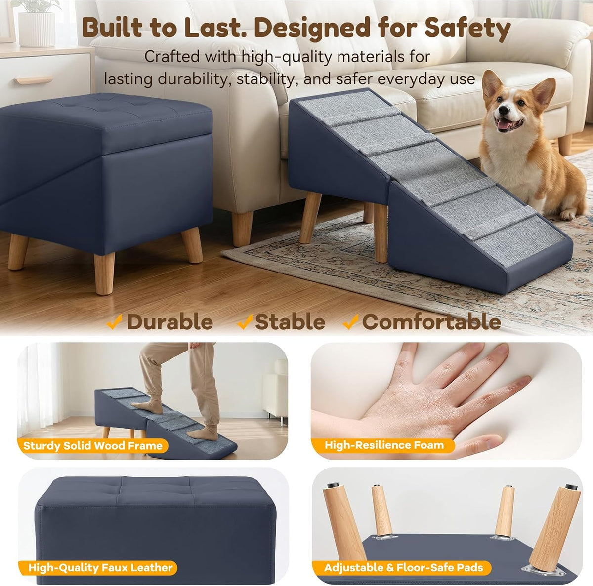 15.7" H Dog Ramp for Couch, 18.5" Extra Wide Pet Steps & Ottoman