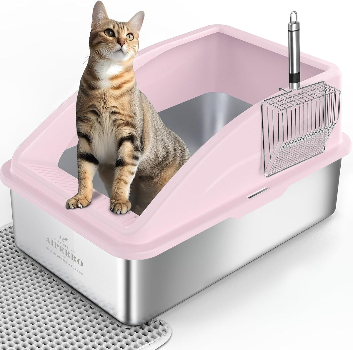 AIPERRO Stainless Steel Litter Box | XL Metal Cat Litter Boxes with Lid | Enclosed High Sided for Big Cats | Anti-Urine Leakage, Non-Stick, Easy to Clean with Litter Mat & Metal Scoop | Cute Pink