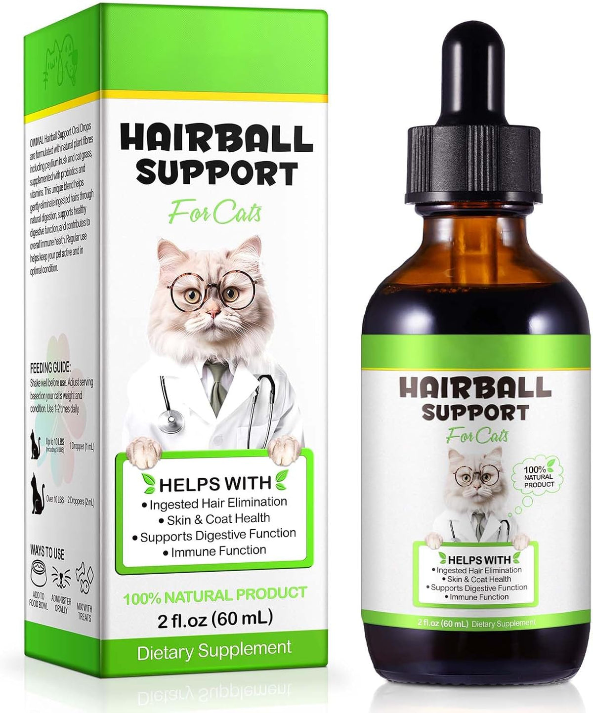 Hairball Treatment for Cats, Cat Hairball Remedy, Hairballs Drops Promotes Natural Passage of Hairballs, Supports Skin & Coat, Digestion, Immune - Chicken Flavor, 60ML