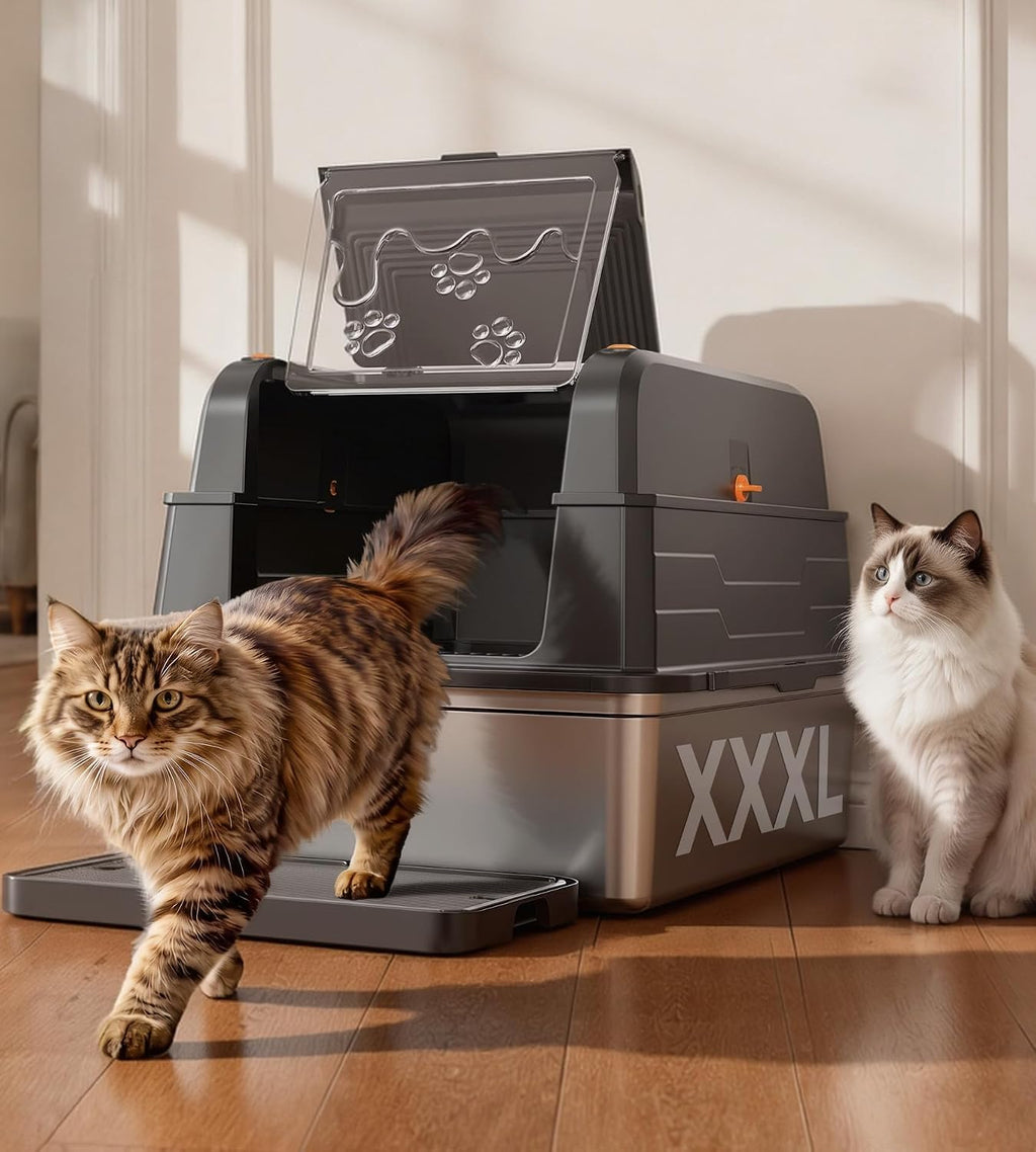 Catlike Upgrade XXXL Stainless Steel Cat Litter Box 3-Layer Leak-Proof | Oversized Real 152L Capacity Enclosed Design w/ Charcoal Filter for Maine Coon & Multi-Cat Homes, with Metal Scoop & XL Mat