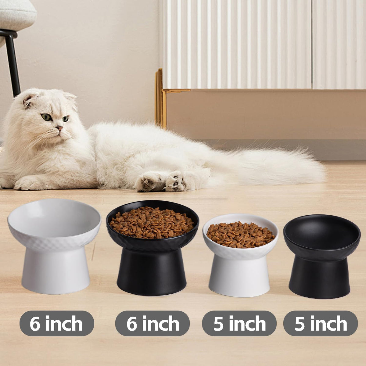 Elevated Cat Bowls, 15° Tilted Ceramic Raised Cat Food and Water Bowl Set, Whisker-Friendly Porcelain Pet Feeder Dishes for Indoor Cats and Small Dogs,Black,5.2 Inch,2 Pack