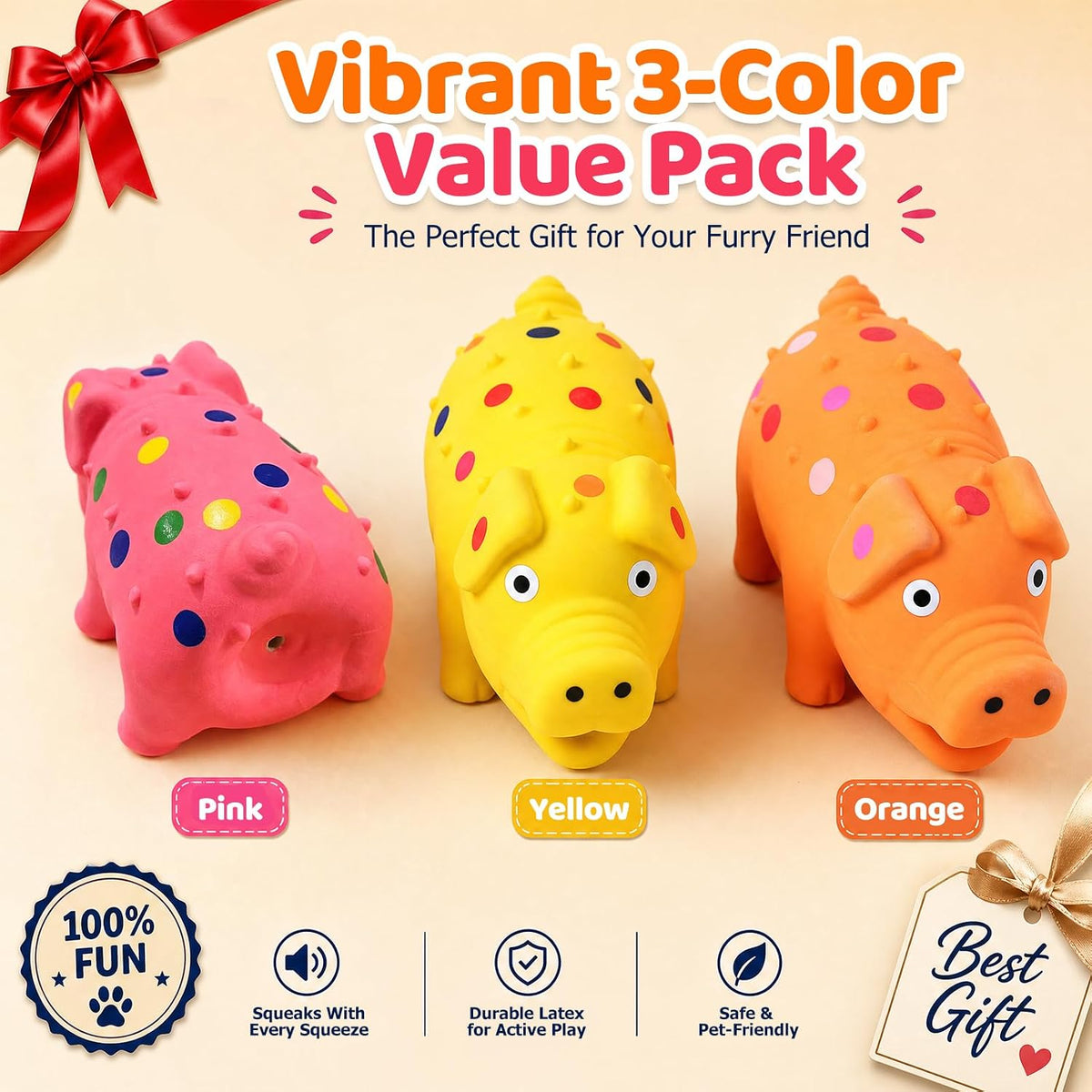 POPLAY 3 PCS Squeaky Latex Grunting Pig Dog Toys, 4 Inch Durable Rubber | Prank Nosie Maker Puppy Chew Toys Rubber Squeeze, Gift for Dogs