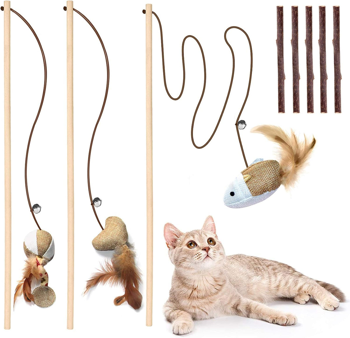 KABB Cat Toys for Indoor Cats, 3pcs 16 Inch Natural Wood Cat Teaser Wand Toy with Teaser Refills for Cat Kitten Having Fun Exerciser Playing, Bonus 5pcs Catnip Sticks for Cat Teeth Cleaning