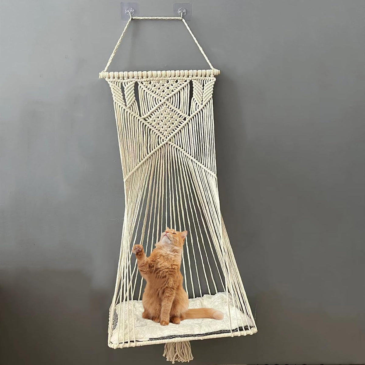 Macrame Hanging Cat Hammock Bed Cat Swing House Space Saving Window Perch with Washed Cotton Cats Toy Tassel Basket Tapestry (Beige, Swing Bed+Cushion, XL)