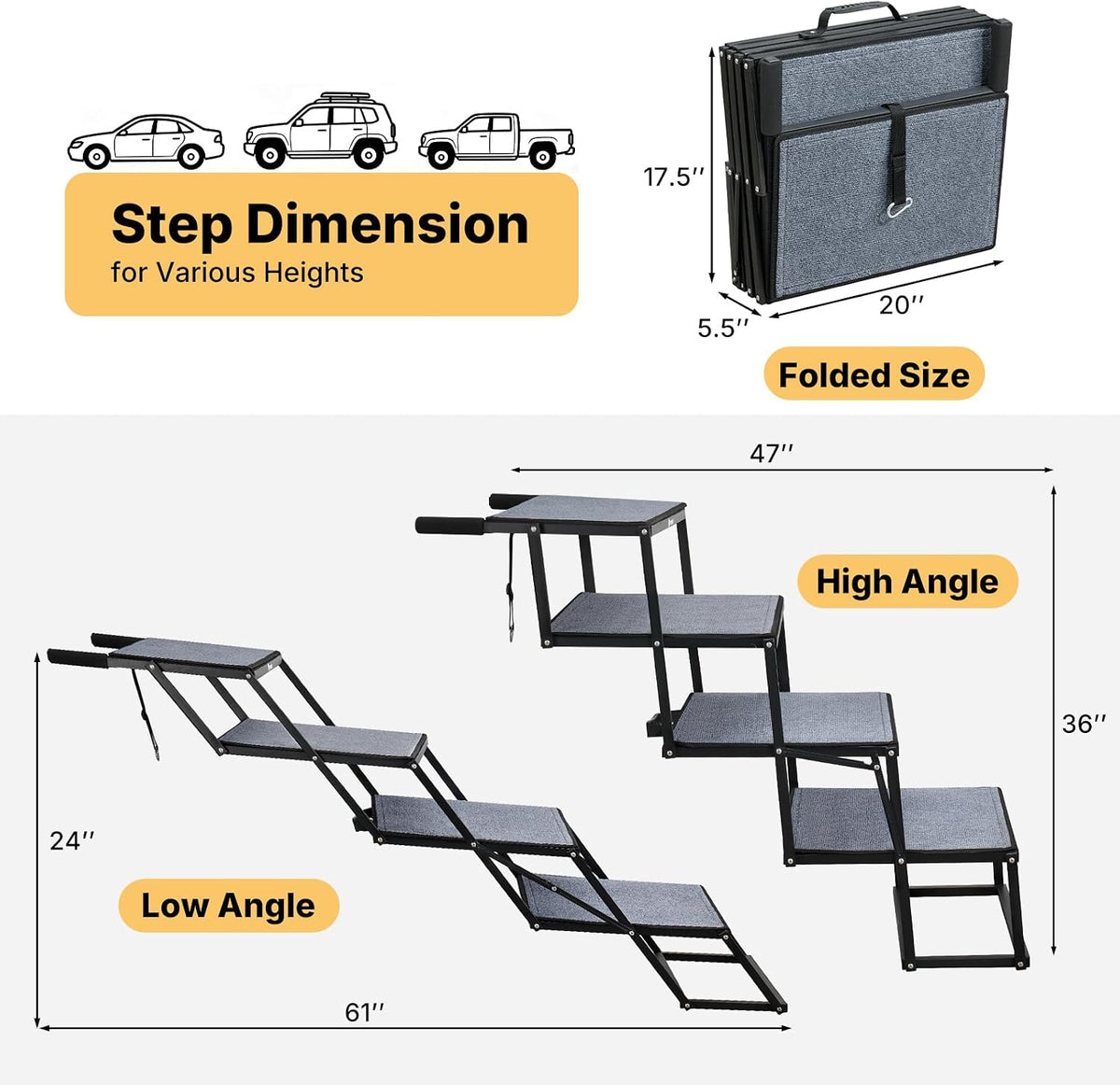 Veehoo Foldable Dog Steps for Car SUV, Large Dogs Car Stairs Extra Wide 20"