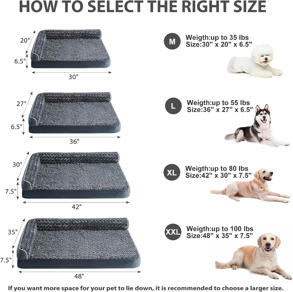 BFPETHOME Extra Large Orthopedic Dog Bed, L-Shaped Pet Bed for Dogs up to 100 lbs, Waterproof, Removable Washable Cover, Non-Slip Base, 48 x 35 x 7.5 inches, Dark Grey