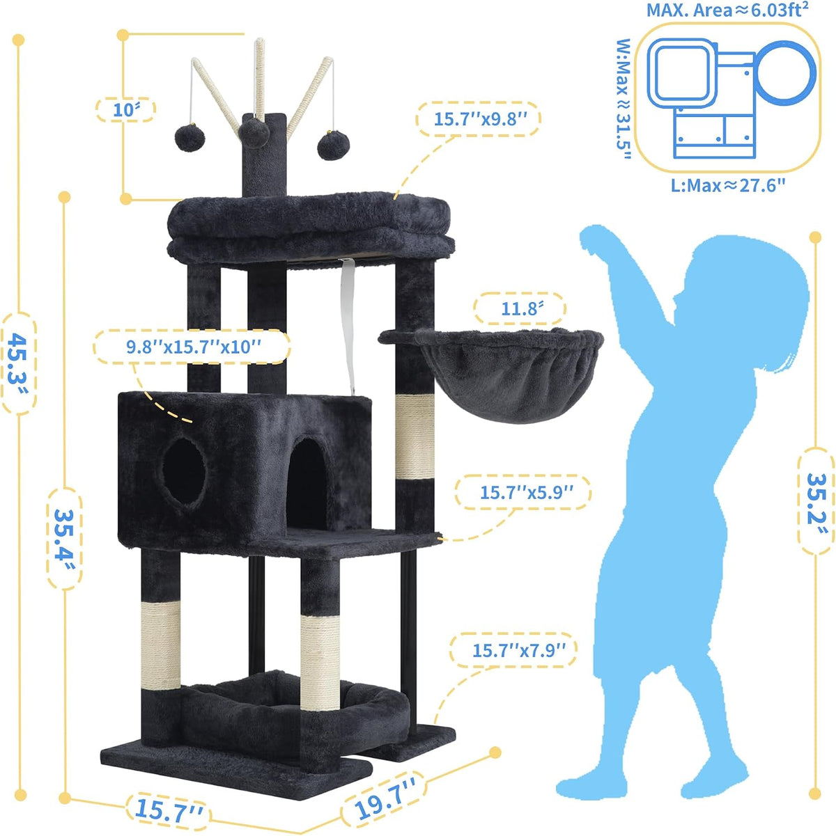 Heybly Cat Tree, 45.3" Cat Tower for Indoor Cats with Large Perch HCT202SG