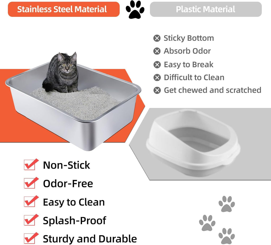 Stainless Steel Cat Litter Box - Medium Litter Box for Cats, Rabbits, and Pets, Non-Stick, Odor-Free, Easy to Clean, Splash-Proof, Sturdy and Durable (17.7" L x 13.8" W x 6" H)